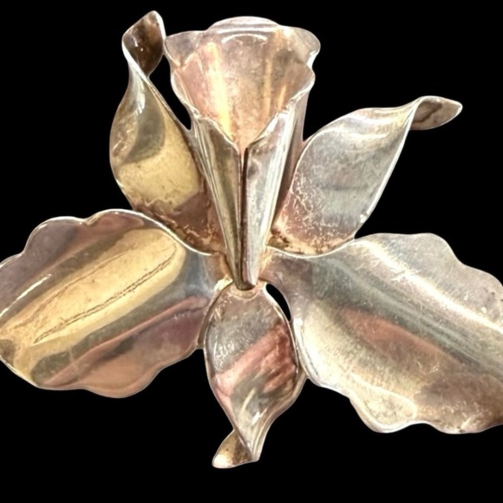 Hector Aguilar Taxco Sterling Silver Orchid‎ Brooch Modernist Signed Vintage